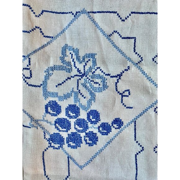 Vintage Hand-Embroidered Tablecloth With Blue Floral Design & Crocheted tatting - Picture 1 of 5